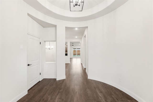 hallway with a raised ceiling and dark hardwood / wood-style flooring