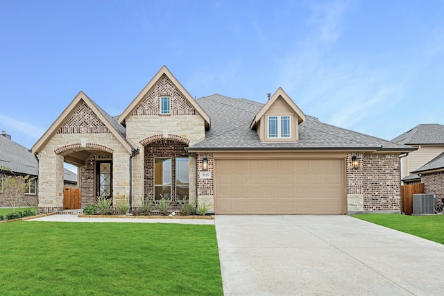 view of front of house with central AC, a garage, and a front lawn