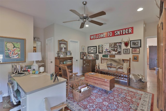 tiled office with ceiling fan