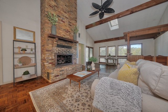 living room featuring beamed ceiling, dark parquet flooring, a fireplace, high vaulted ceiling, and ceiling fan