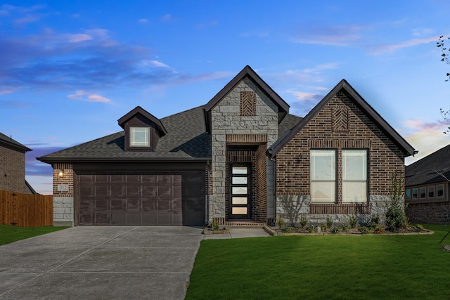 view of front of home featuring a garage and a yard