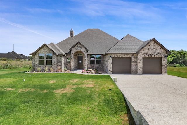 view of front of property featuring a garage and a front lawn