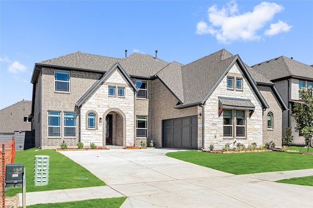 view of front of house with a garage and a front lawn