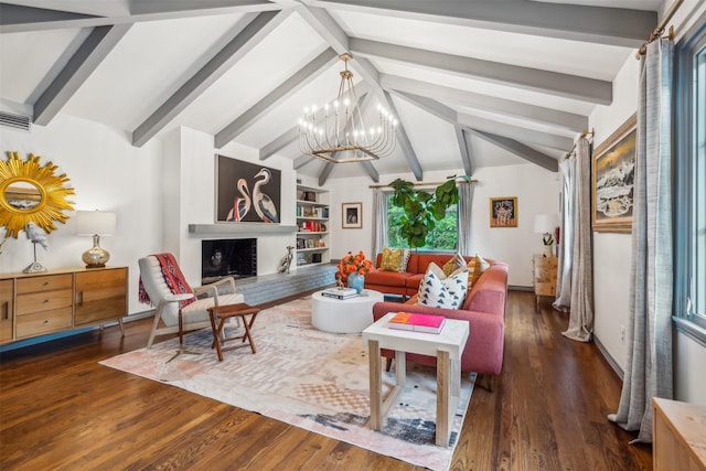 living room with dark hardwood / wood-style flooring, a fireplace, vaulted ceiling with beams, and a notable chandelier