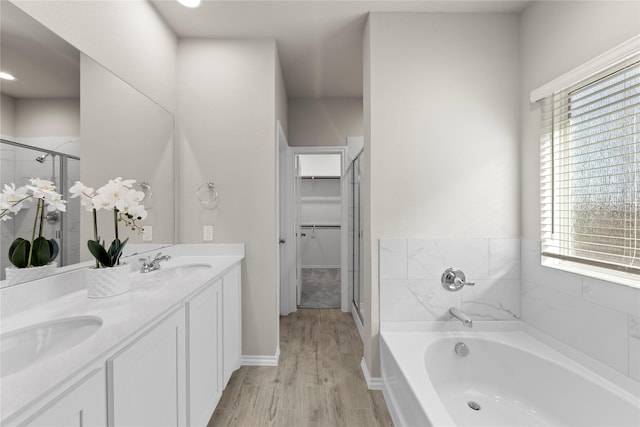 bathroom with hardwood / wood-style flooring, plenty of natural light, vanity, and independent shower and bath