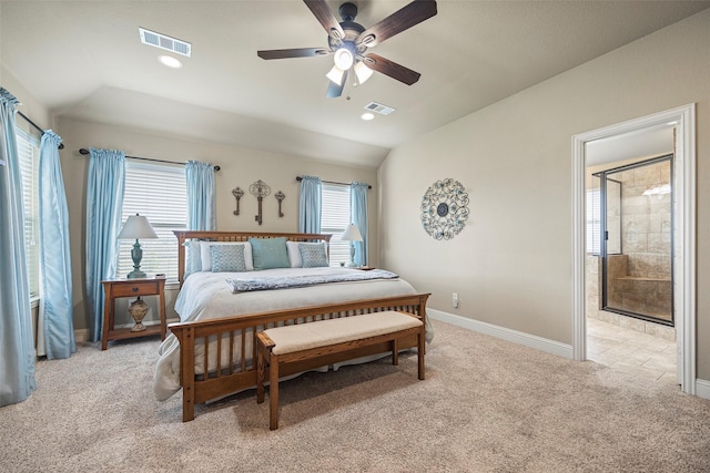 carpeted bedroom featuring ceiling fan and lofted ceiling