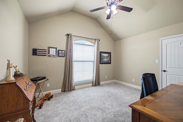 office area featuring carpet floors, ceiling fan, and lofted ceiling