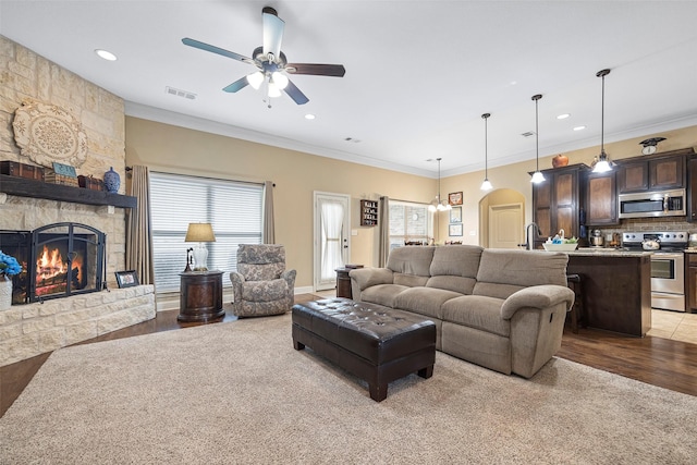 living room with a stone fireplace, crown molding, plenty of natural light, and ceiling fan with notable chandelier