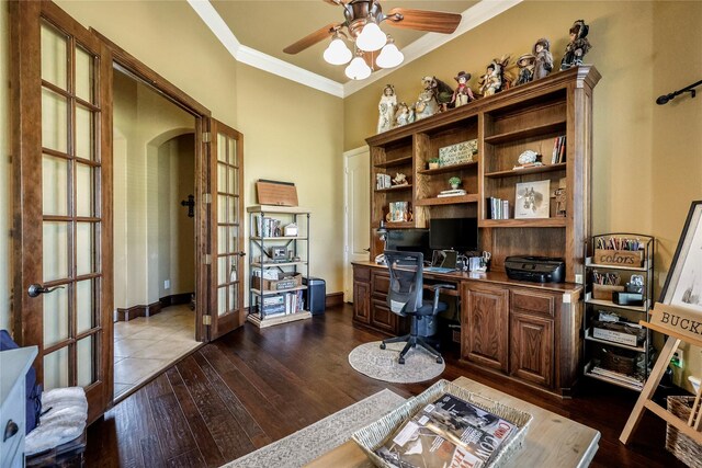 office area featuring ceiling fan, ornamental molding, dark wood-type flooring, and french doors