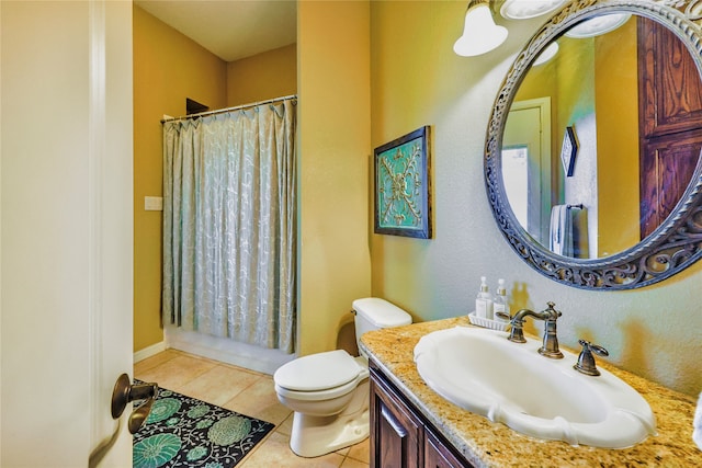 full bathroom with tile patterned flooring, vanity, toilet, and shower / bathtub combination with curtain