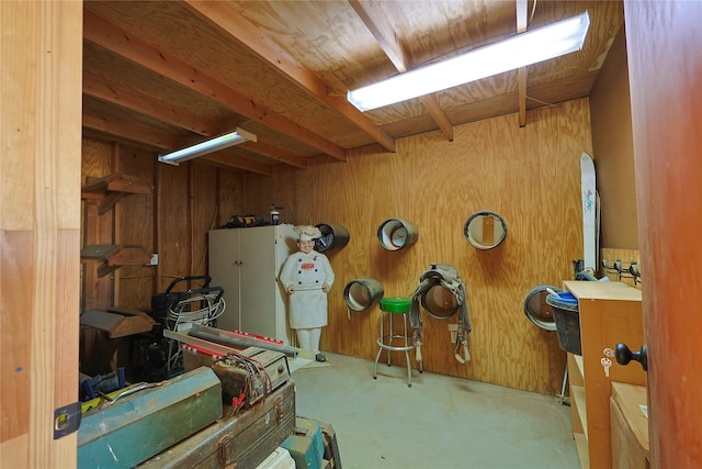 garage with wood walls