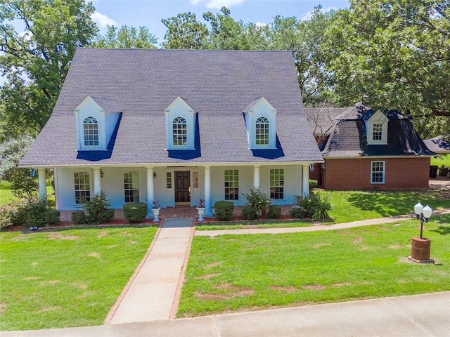 cape cod home with a porch and a front yard