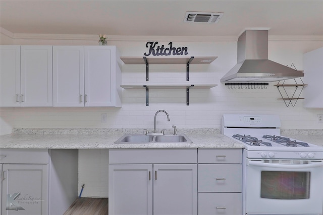 kitchen featuring crown molding, white gas stove, island exhaust hood, hardwood / wood-style floors, and sink