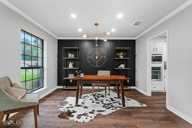 home office with an inviting chandelier, dark wood-type flooring, a healthy amount of sunlight, and crown molding