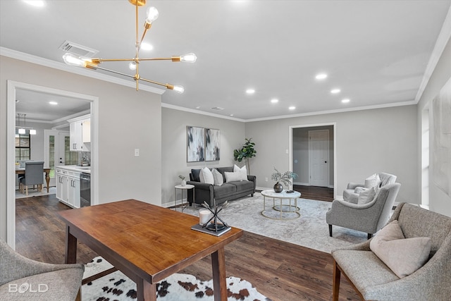 living room featuring a notable chandelier, crown molding, and dark hardwood / wood-style flooring