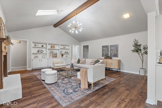 living room with vaulted ceiling with skylight, built in shelves, dark hardwood / wood-style floors, and a notable chandelier