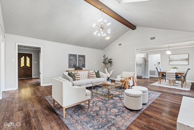 living room featuring lofted ceiling with beams, a notable chandelier, and dark hardwood / wood-style flooring