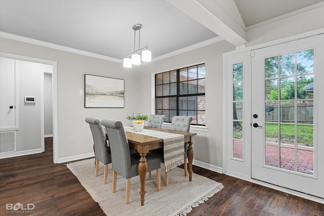 dining room with crown molding, dark hardwood / wood-style floors, beamed ceiling, and a notable chandelier