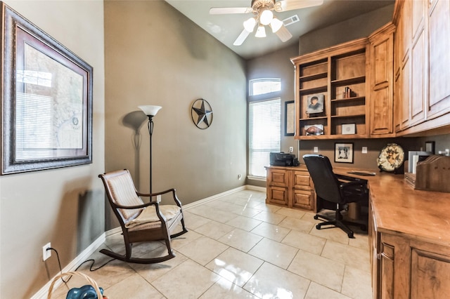 216 Laurel Creek Dr, Sherman, TX 75092 - office with a ceiling fan, built in study area, light tile patterned flooring, and high vaulted ceiling