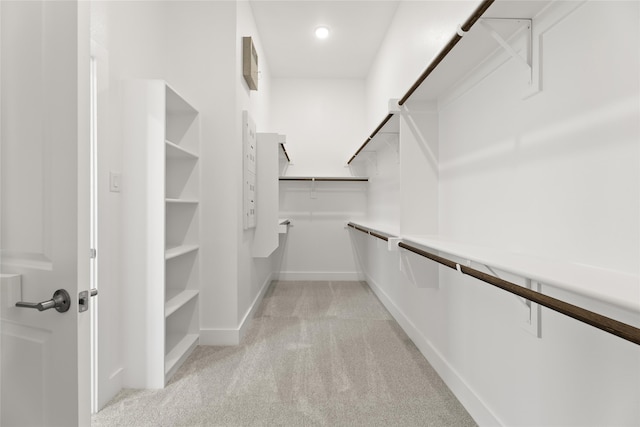 walk in closet with light carpet