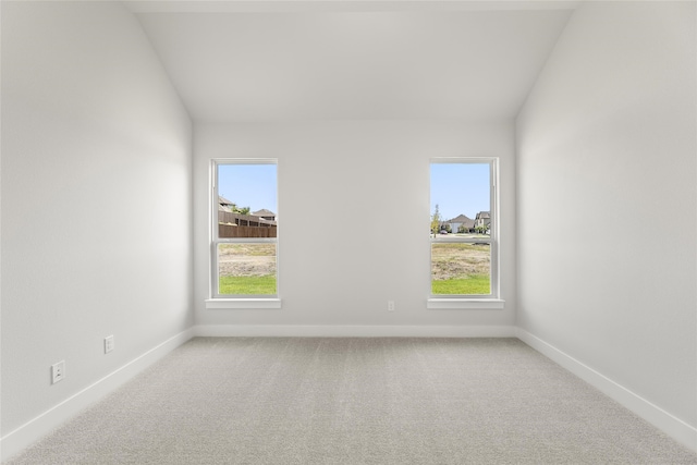 carpeted spare room with plenty of natural light and lofted ceiling