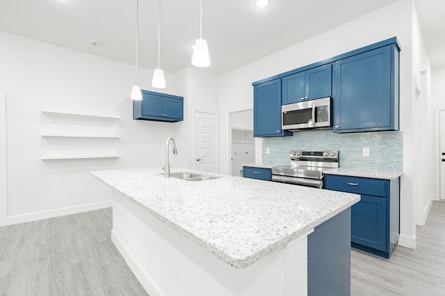 kitchen featuring hanging light fixtures, a kitchen island with sink, sink, and stainless steel appliances