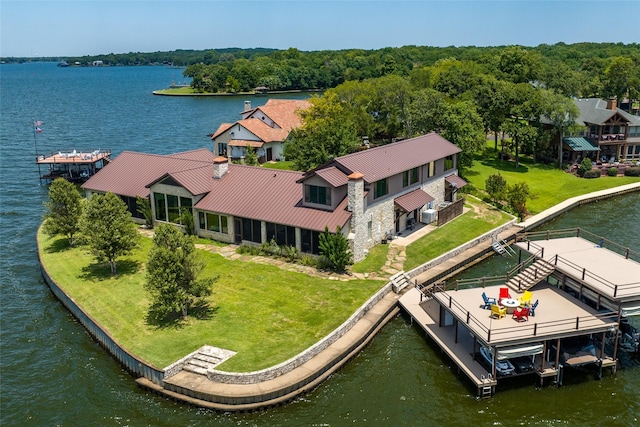 drone / aerial view featuring a water view