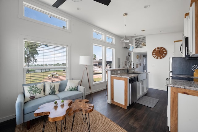 kitchen with ceiling fan, hanging light fixtures, dark hardwood / wood-style floors, and white cabinetry