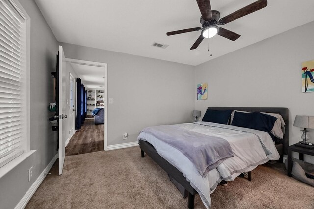 bedroom featuring carpet floors and ceiling fan