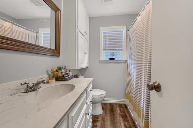 bathroom with toilet, vanity, a healthy amount of sunlight, and hardwood / wood-style flooring