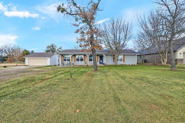 ranch-style home featuring a garage and a front lawn