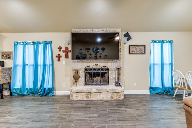 living room with a fireplace