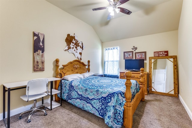 carpeted bedroom featuring vaulted ceiling and ceiling fan