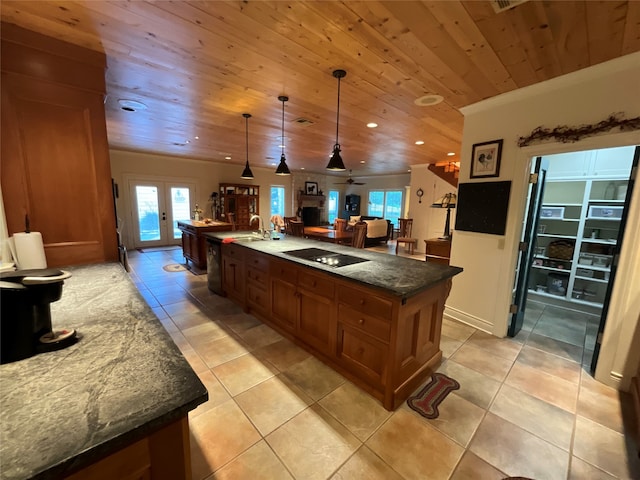 kitchen featuring french doors, light tile floors, black electric cooktop, and wooden ceiling