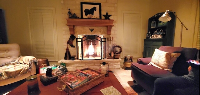 living area with a fireplace