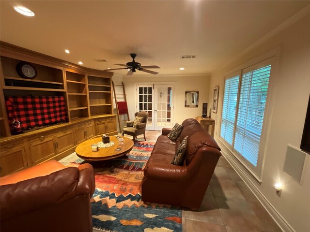 tiled living area with crown molding, ceiling fan, recessed lighting, and visible vents