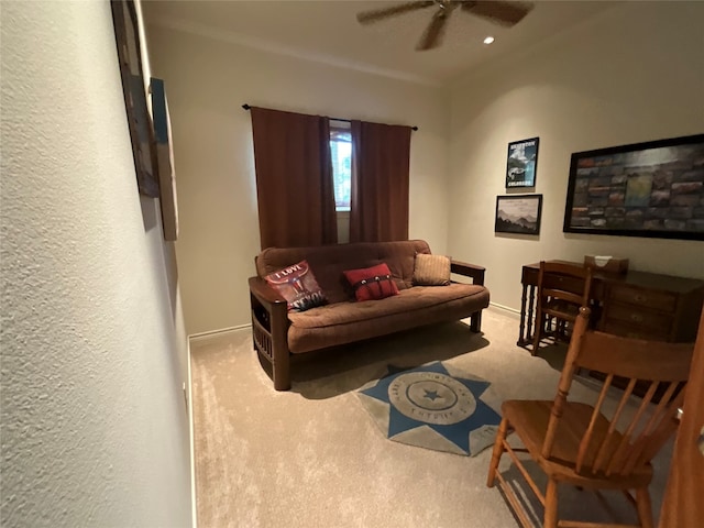 living room with carpet and ceiling fan