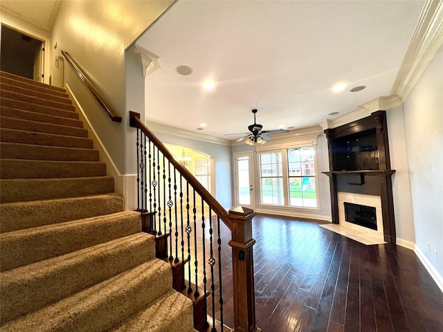 stairway featuring crown molding, wood-type flooring, and ceiling fan