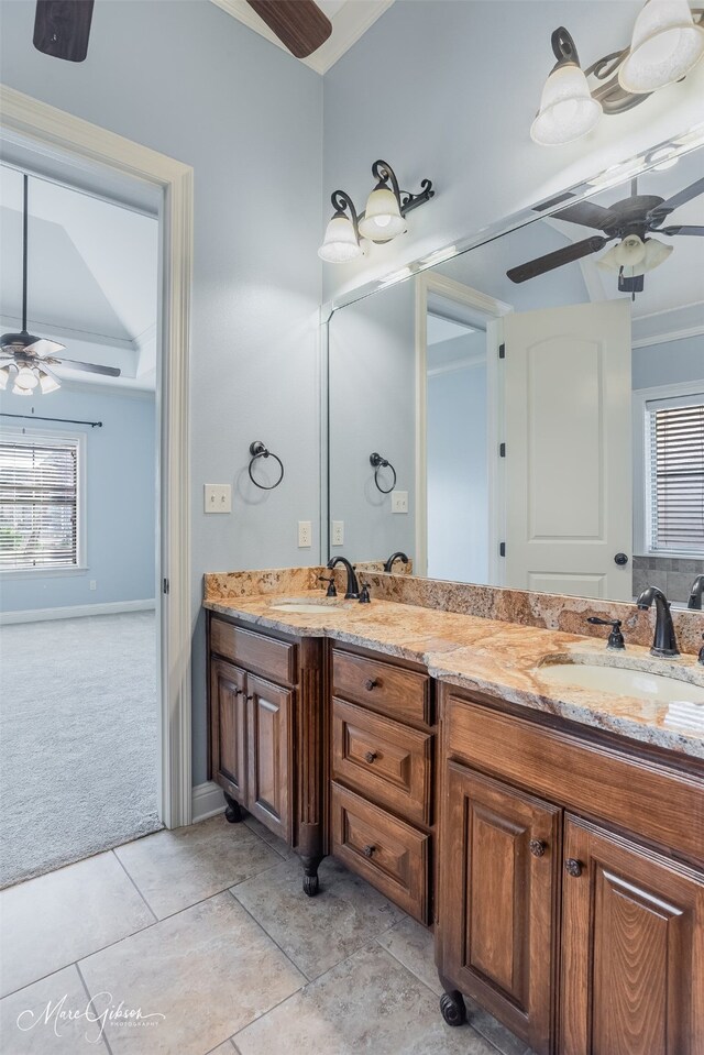 bathroom with vanity, ornamental molding, tile patterned floors, and ceiling fan