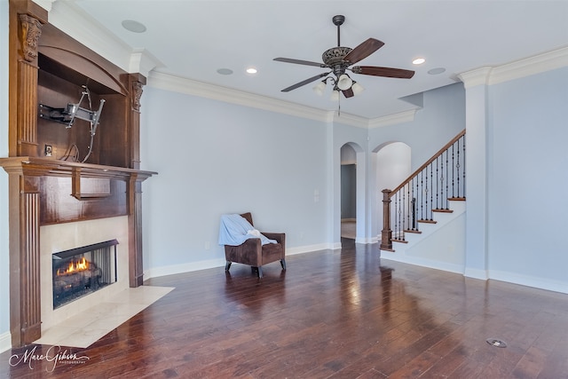 living area with dark hardwood / wood-style flooring, crown molding, a fireplace, and ceiling fan