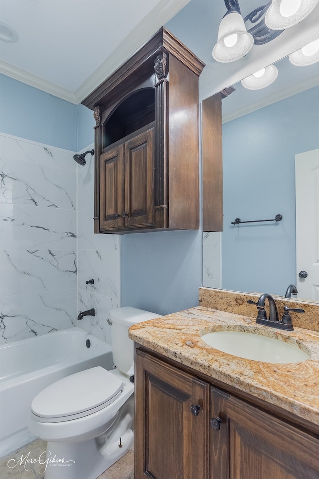 full bathroom with vanity, tiled shower / bath combo, ornamental molding, and toilet