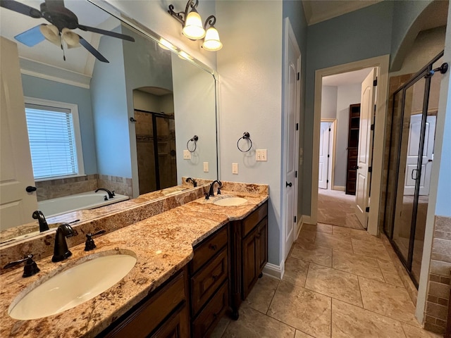 bathroom featuring crown molding, separate shower and tub, vanity, and ceiling fan