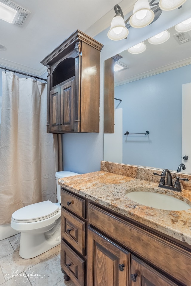 bathroom featuring ornamental molding, toilet, a shower with shower curtain, and vanity