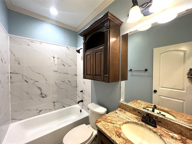 full bathroom featuring crown molding, tiled shower / bath, vanity, and toilet