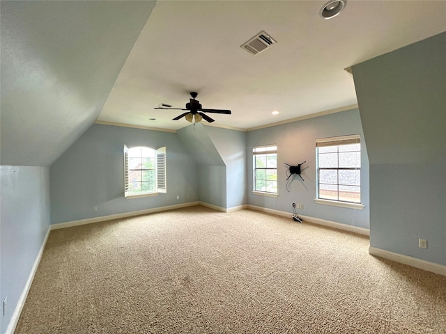 additional living space with plenty of natural light, carpet flooring, lofted ceiling, and ceiling fan