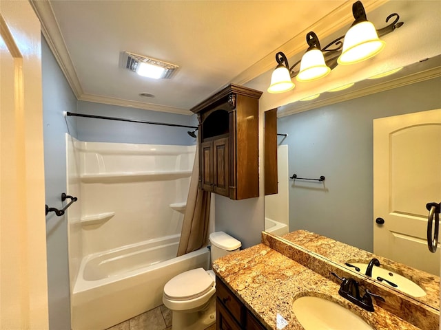 full bathroom featuring toilet, crown molding, vanity, shower / bath combo, and tile patterned flooring