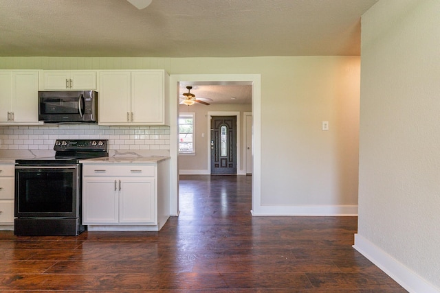 kitchen with decorative backsplash, white cabinets, appliances with stainless steel finishes, and dark hardwood / wood-style floors