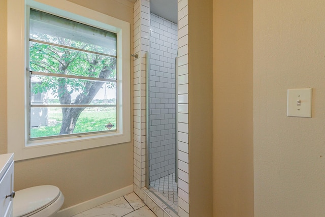 bathroom with a shower with door, a healthy amount of sunlight, toilet, and vanity