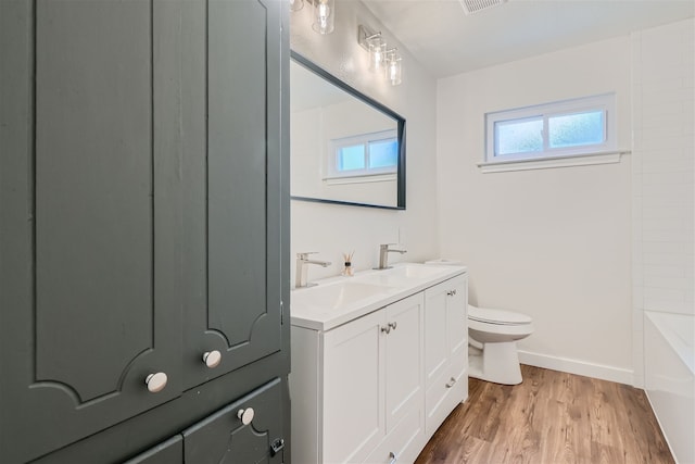 bathroom with vanity, hardwood / wood-style flooring, and toilet