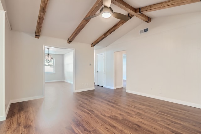 unfurnished living room featuring vaulted ceiling with beams, ceiling fan with notable chandelier, and dark wood-type flooring